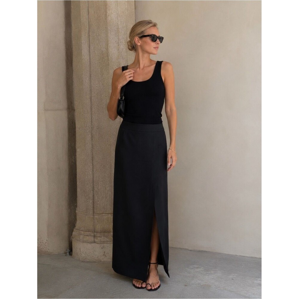 Vintage 90's Talbots Minimalist Black Satin Maxi Skirt with Slit Size 10 Lined